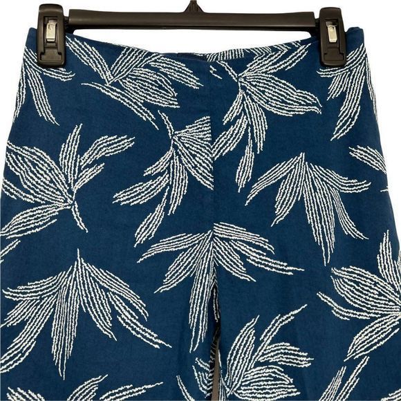 120% Lino Leaf-Print Stretch Linen Casual Crop Pant Sz 6 Side Zip Blue‎ - Picture 5 of 7